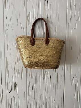 Moroccan Artisan Gold Sequin Straw Basket Tote Bag Woven Boho Beach Handbag